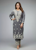 Grey colour rayon fabric plus size 2pc shirt and trousers with white thread chikankari embroidery on the kurti and trousers.