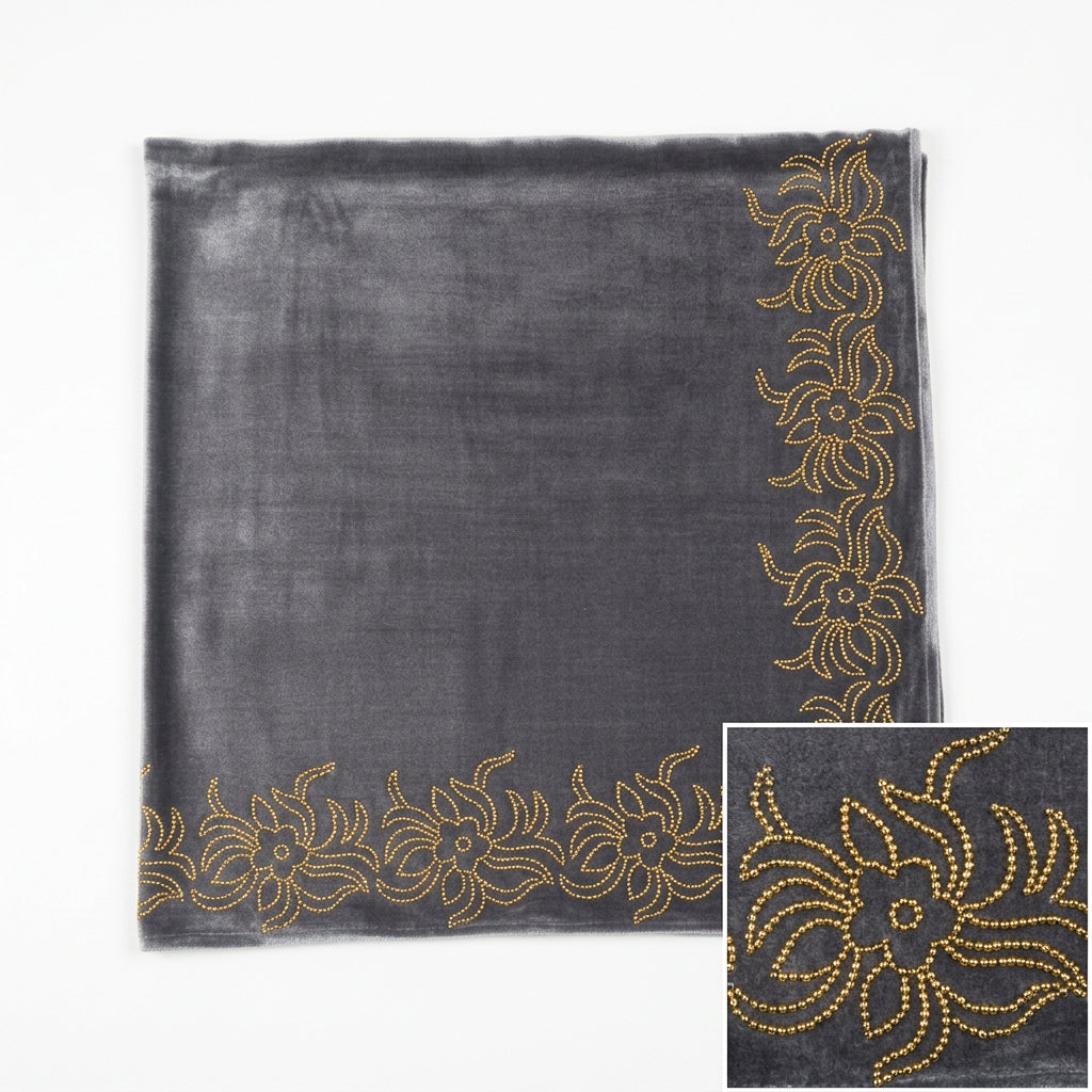 grey colour velvet fabric shawl with gold colour nano beads embellishments and intricate floral patterns.