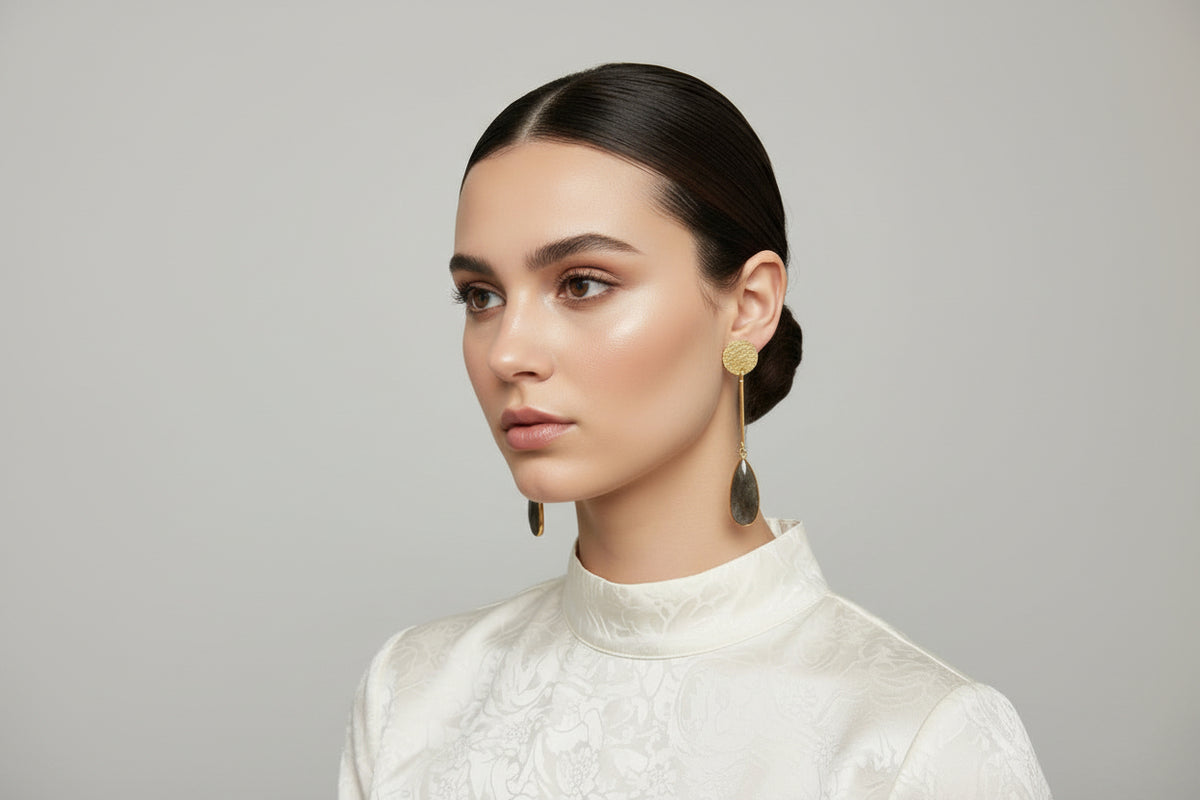 Grey moissanite elegant bridal earrings on model