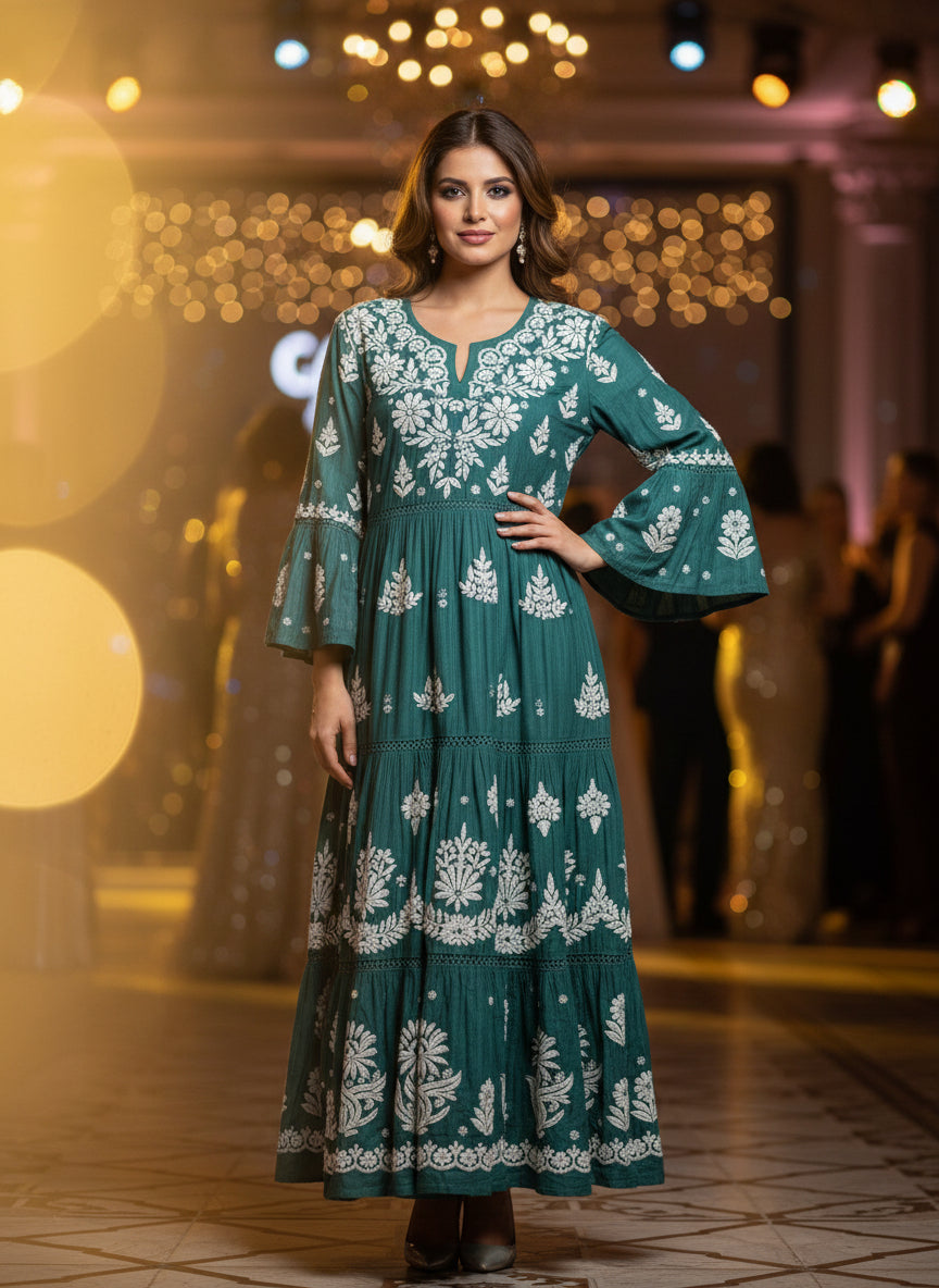 Hand-Embroidered Green Long multi layered Flared Dress front view – Luxury Chikankari by Famaza Couture