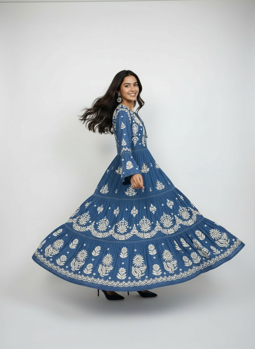Hand-Embroidered Teal Blue Long multi layered Flared Dress front view-Luxury Chikankari by Famaza Couture