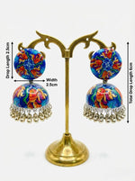 Hand painted enamel jhumka earrings featuring a vibrant blue Koi fish design with measurments.