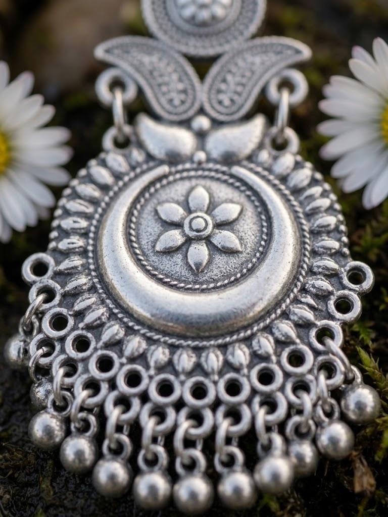 An ornate silver-toned pendant with intricate filigree, a central flower motif, and dangling bead chains, photographed close up against a dark textured background with white flowers at the edges.