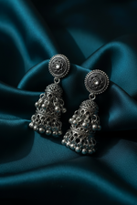 Dual-Tone & Silver Oxidised Silver Stone Studded Jhumka Earrings
