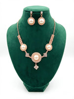 High-clarity shot of the rose gold polish Korean stone jewellery set displayed on a premium velvet stand.