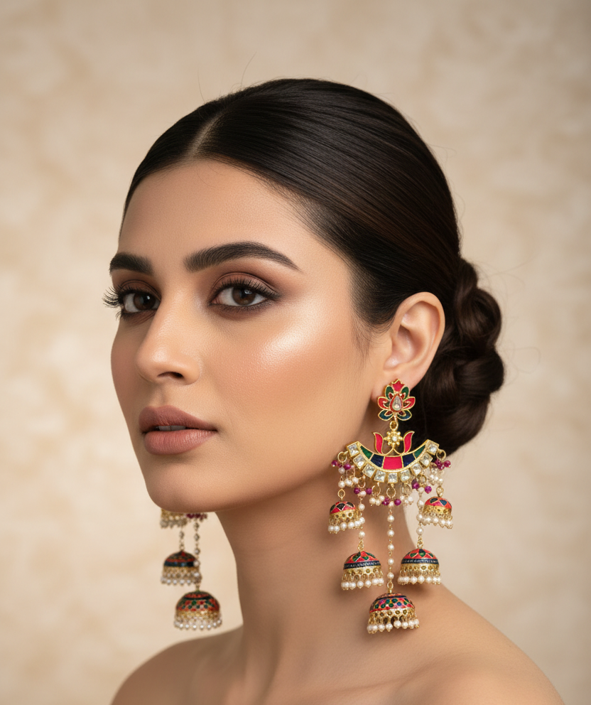 Meenakari Jhumka Chandbali Earrings with Pearl Drops – Traditional Indian Bridal & Party Wear Earrings.