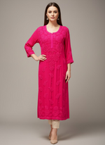Hot pink colour chikankari 3d embroidery long viscose fabric kurti