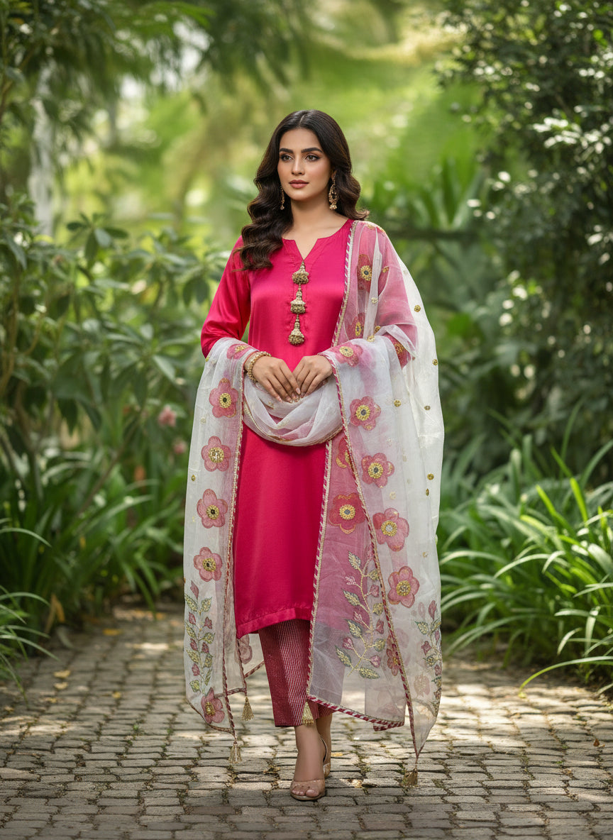 Hot pink colour silk fabric long kurti and trousers with white hand painted organza dupatta.