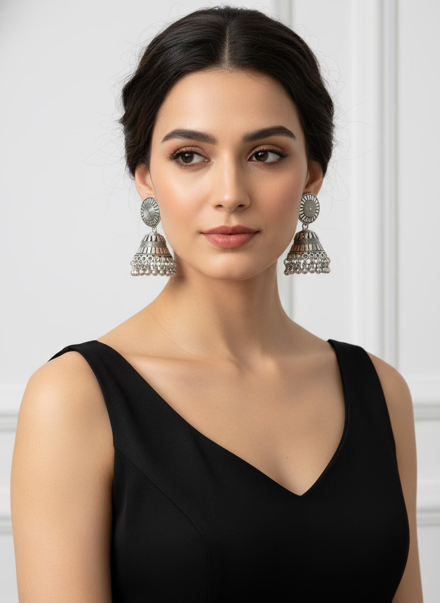 Silver oxidised floral drop earrings filigree design Famaza Couture