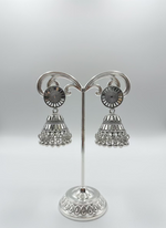 Close up filigree oxidised earrings silver dangle earrings