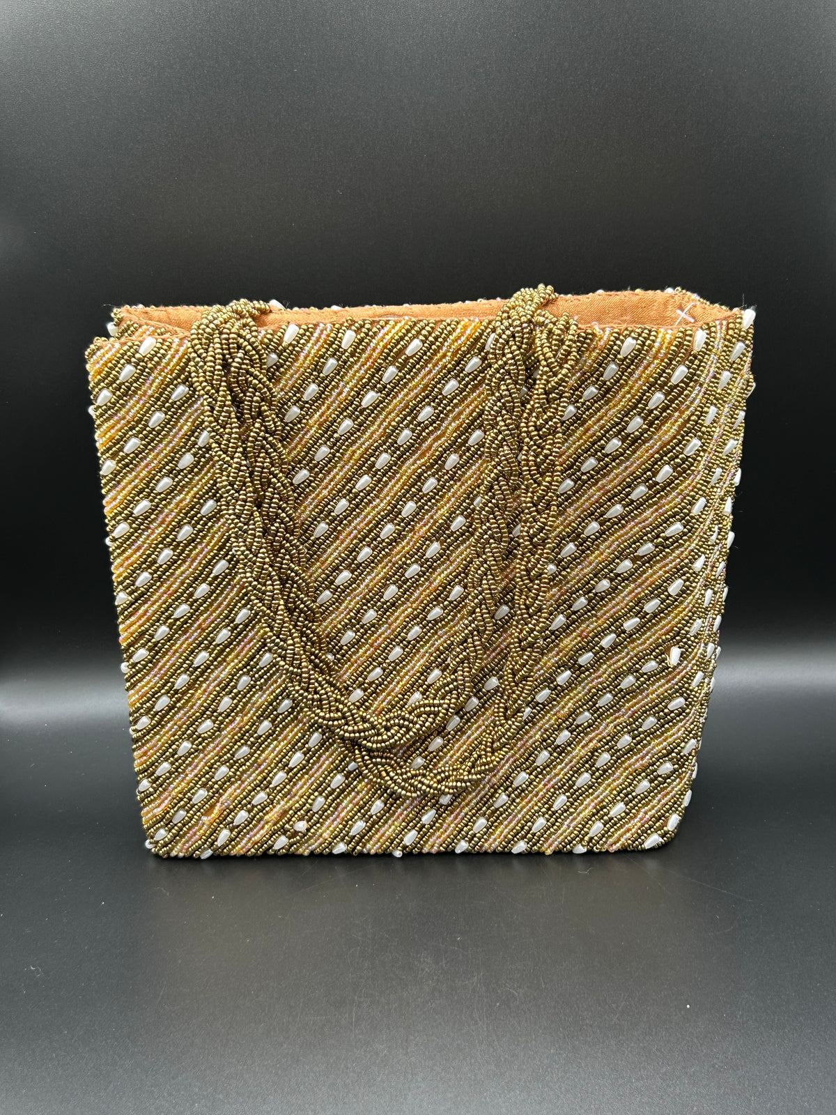Gold Diagonal Long Beads Handcrafted Tote Bag