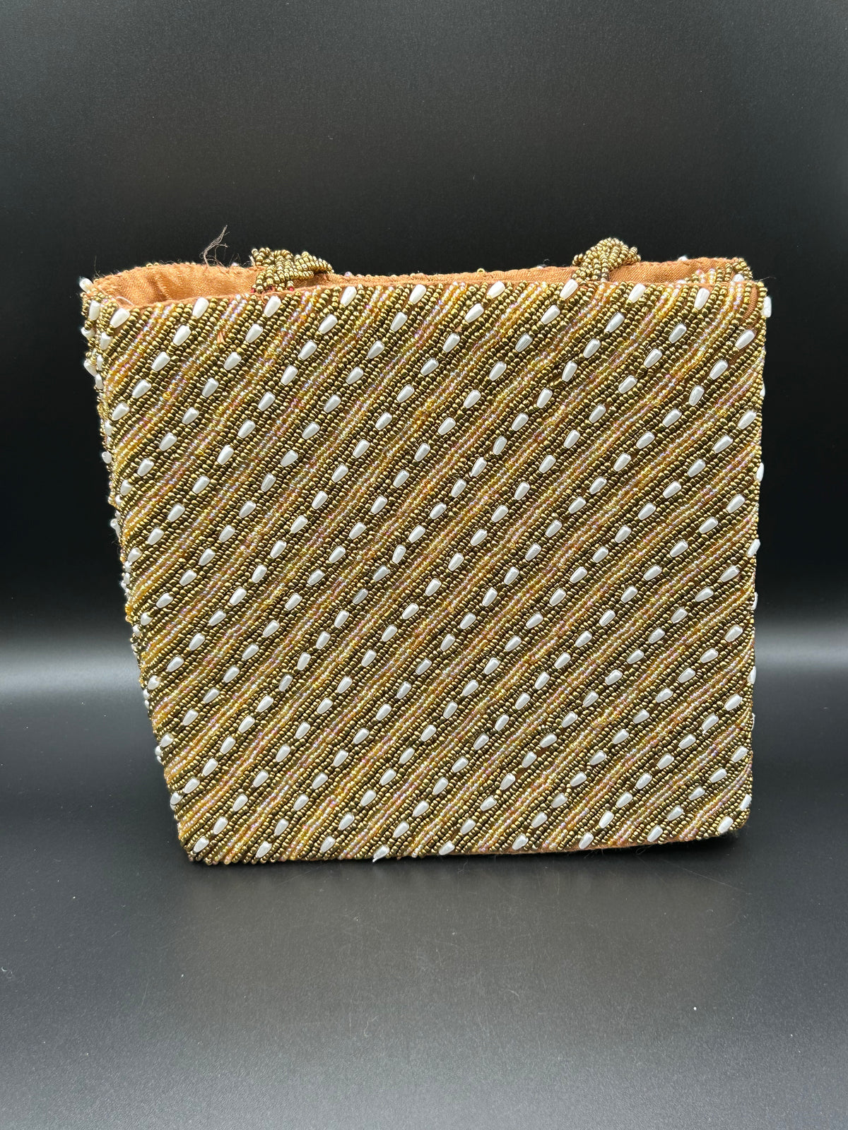 Gold Diagonal Long Beads Handcrafted Tote Bag