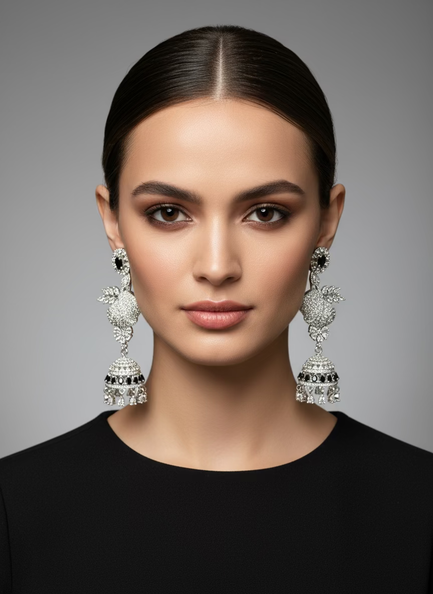 A pair of silver finish American diamond drop Jhumka earrings displayed on a stand.
