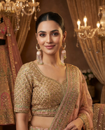 Woman in traditional embroidered outfit with jewelry in a decorated room