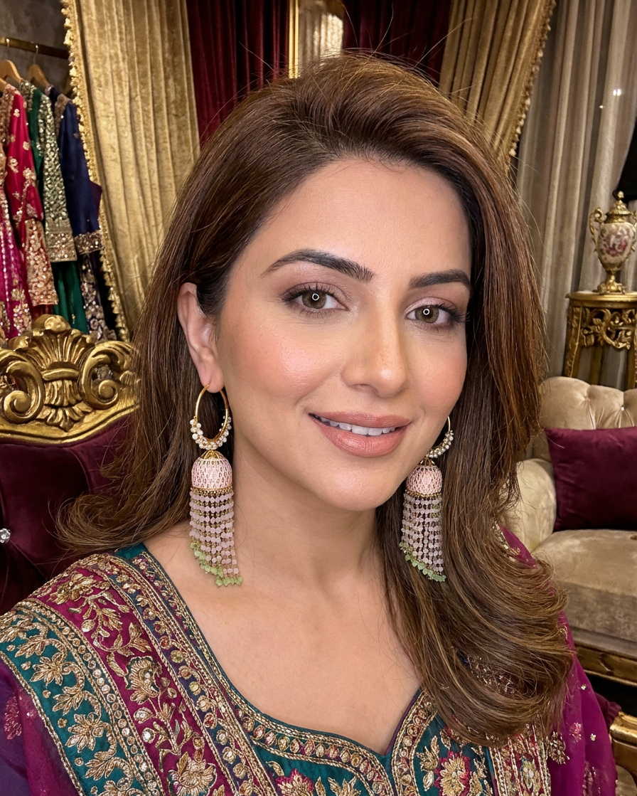 Woman wearing traditional jewelry and a embroidered outfit in an ornate room.
