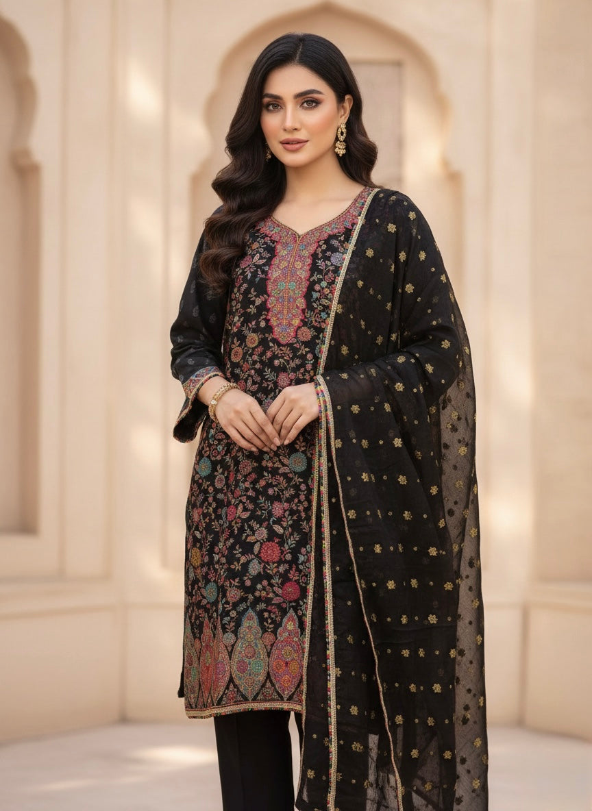 Premium Black Silk Kanni Woven Kurta Set with Banarasi Chiffon Dupatta raw Silk Trousers