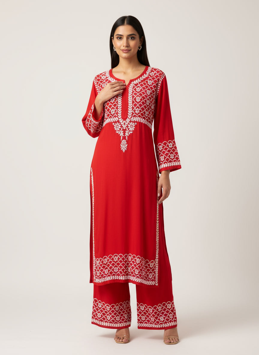 Chikankari Kurti Palazzo Set - Hand Embroidered Top & Trousers