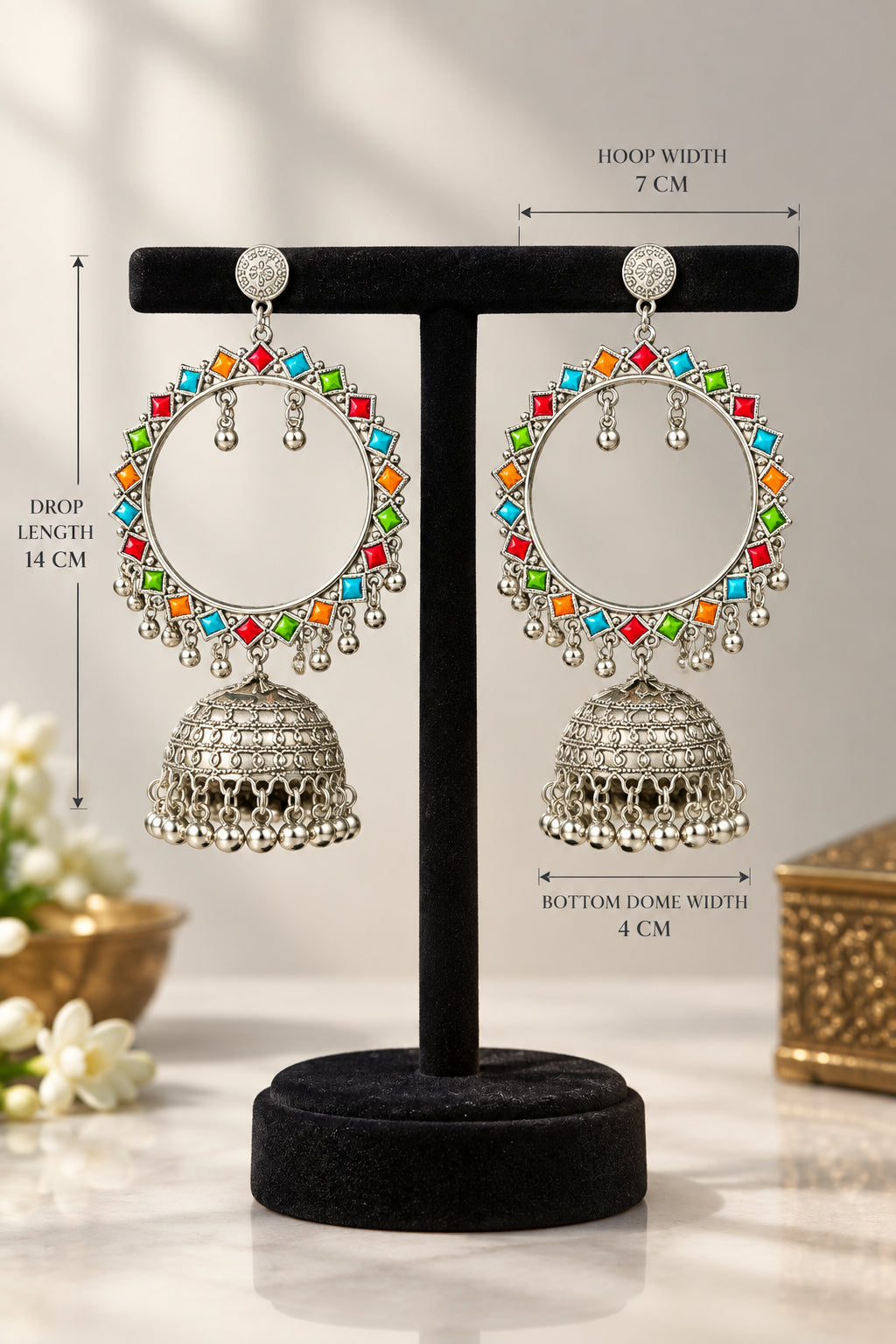 A pair of traditional Indian silver hoop jhumka earrings with colourful enamel accents in red, green, and blue, displayed on a black background. The drop length from top to bottom is 14cms and hoop width is 7cms and bottom dome width is 4cms.