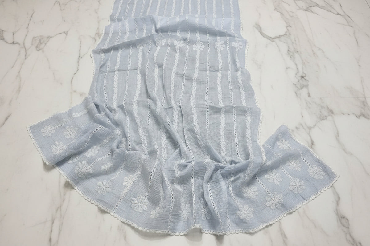 Ice blue Handcrafted Kota Doriya Chikankari Hand-embroidered duppata with white thread hand embroidery Duppata by Famaza Couture.