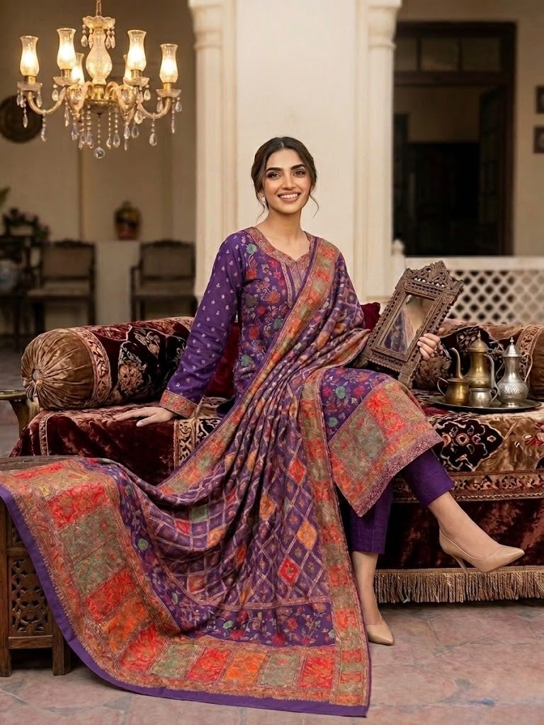 A woman in a posh, palace-like interior wears a deep imperial purple silk kurta set with multicolored Kanni embroidery and zari work, seated on a luxurious sofa with a detailed dupatta, to showcase the premium dress.