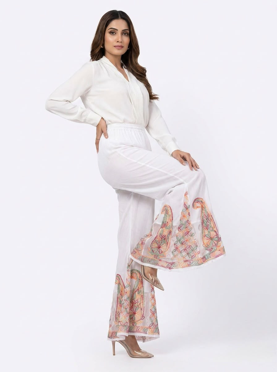 Ivory white multicolour Chikankari sharara trousers front view – georgette