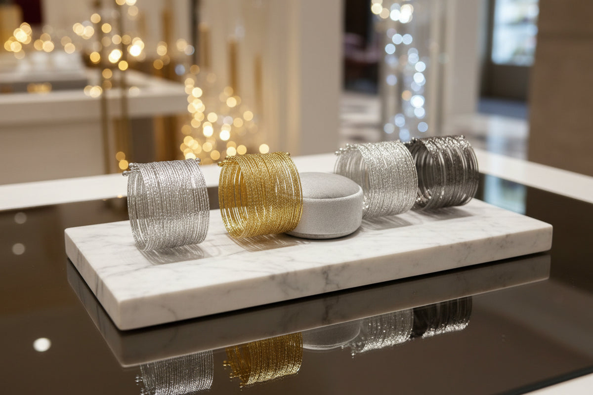 Jewellery display with bracelets on a glass shelf