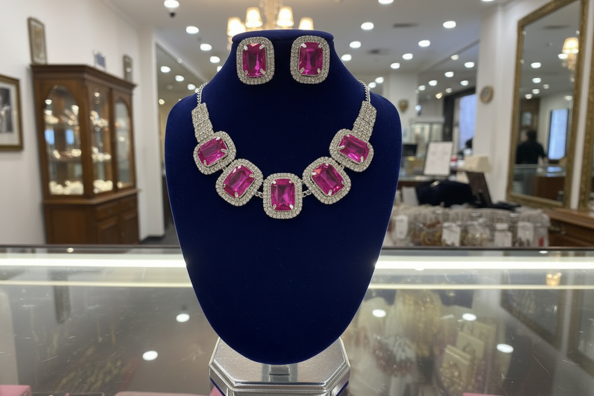 Jewelry set with pink gemstones on a blue velvet stand in a store setting.