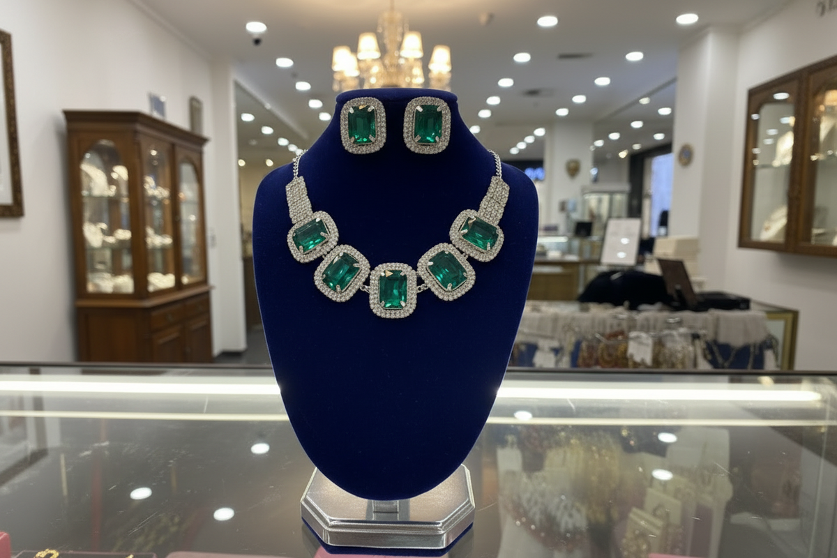 Famaza Couture Noir Stone Jewellery Set – Silver Choker & Statement Earrings (Global Shipping)