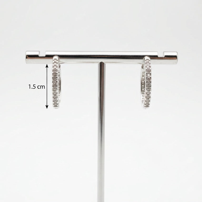 Jewellery stand with two pairs of silver stud earrings on a white background