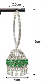 Jewelry item with green gemstones and silver accents, shown with measurements on a white background.