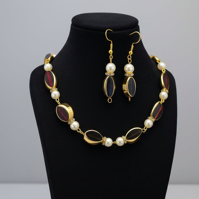 Jewelry set with necklace and earrings on a black background