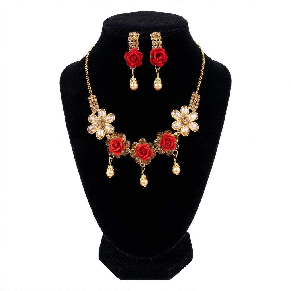 Jewelry set with necklace and earrings on a black stand.