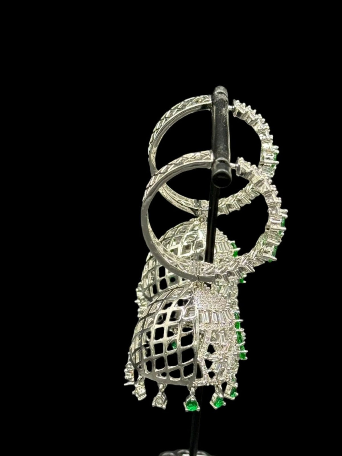 Silver American diamond jhumka earrings with intricate Bali design