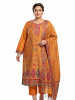Front view of a premium raw silk long straight kurti featuring intricate Kanni embroidery and zari work with a sweetheart (paan shape) neckline.