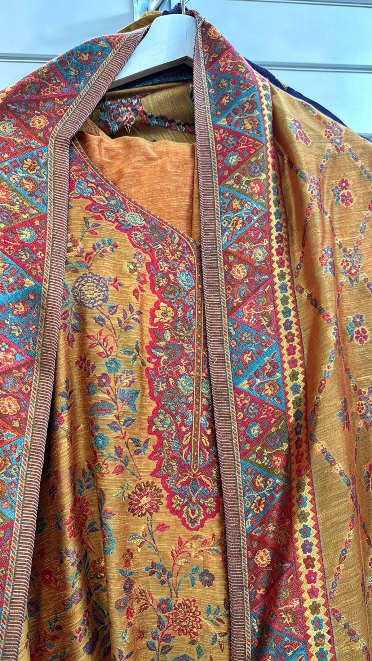 Kanni silk kurti neckline and dupatta detail.