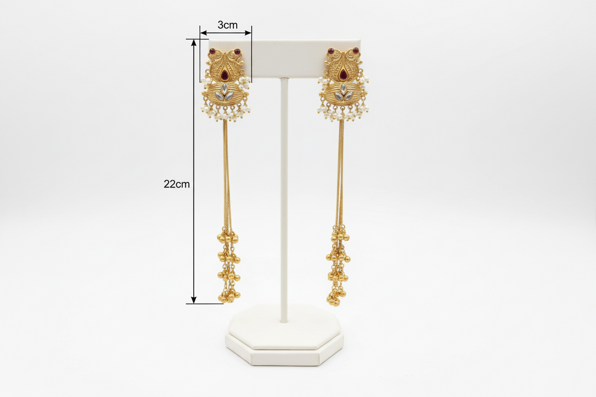 Vintage-Inspired Brass Kashmiri Earrings with Nano Pearls and Golden Ghungroo Bells || 22cm long drop.