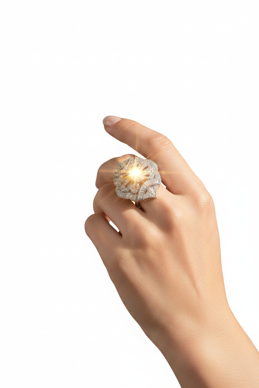 Large white American Diamond adjustable statement ring with pointed floral halo on rhodium plating.