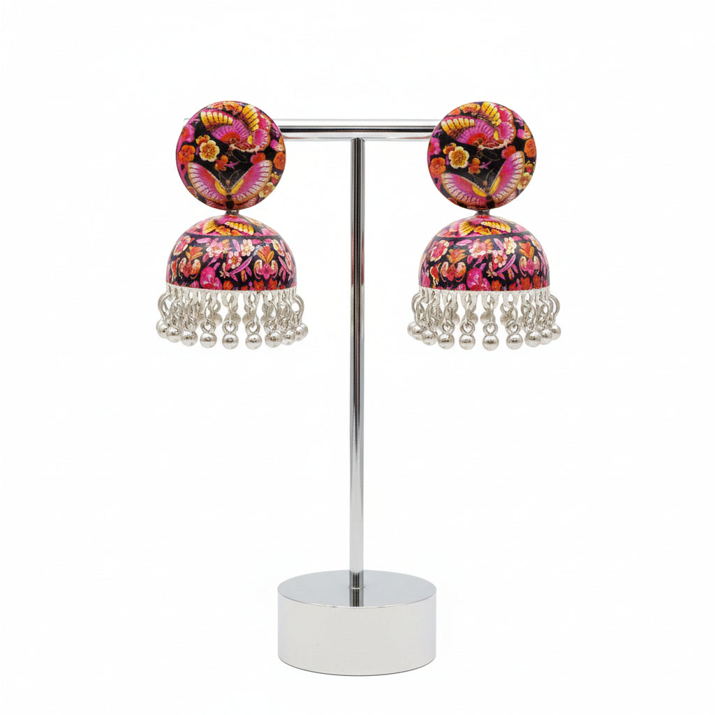 Lightweight bohemian-style statement earrings with multicolored hand-painted designs and traditional jhumka silhouette.