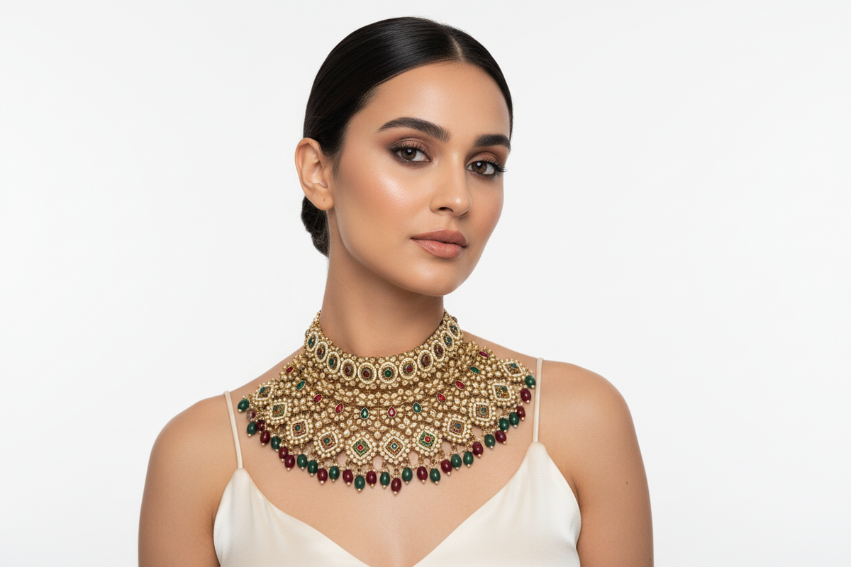 Woman wearing a gold and red gemstone necklace on a white background