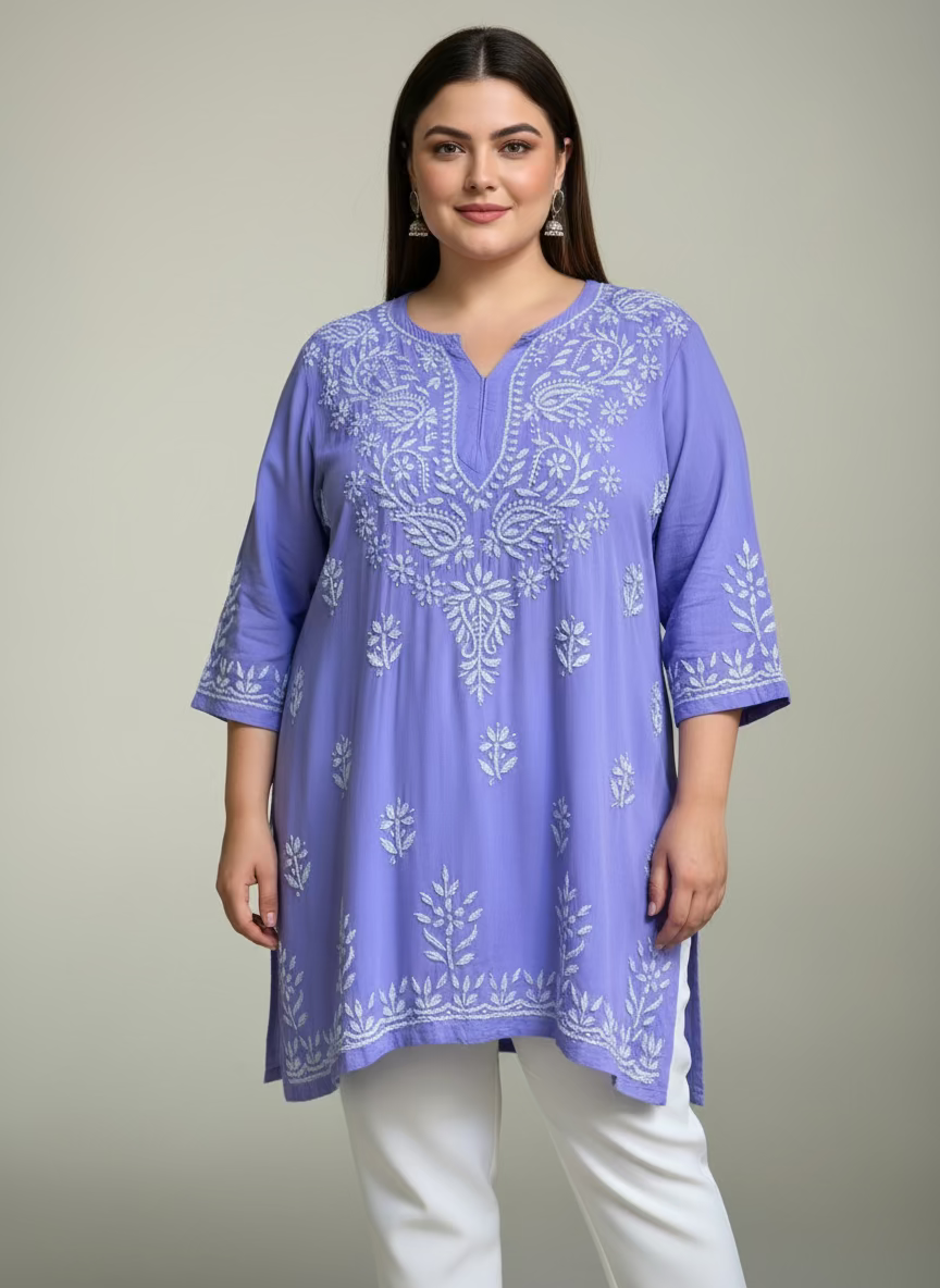 Lilac colour plus sizechikankari short length kurti