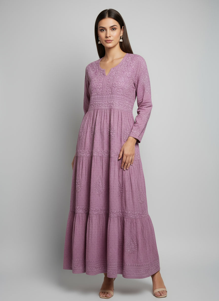 Lilac dobby cotton long dress