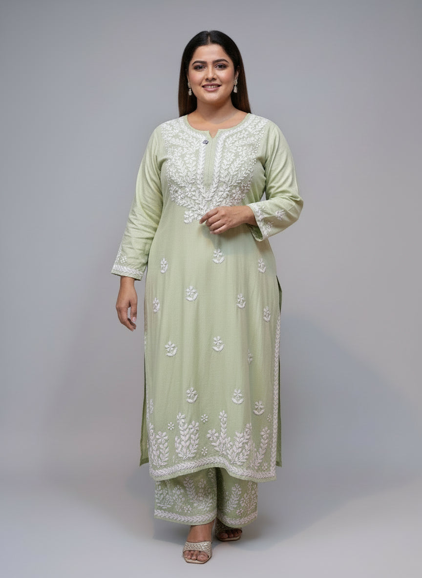 Lime Green colour rayon fabric UK 5XL plus size chikankari kurti with white thread embroidery.