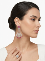 Long American Diamond and ruby pink style statement chandelier earrings .