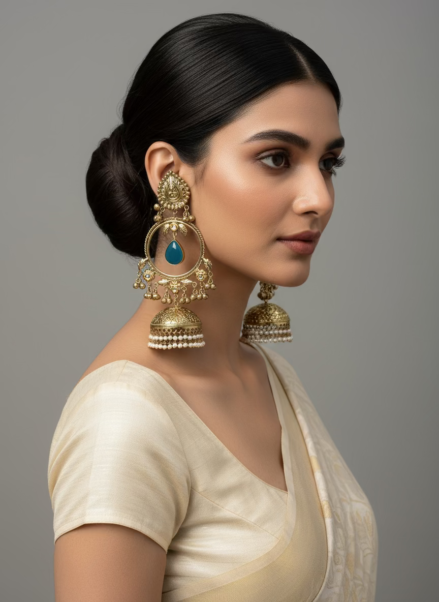 Ornate gold earrings with blue stones and pearl-like beads on a textured surface.