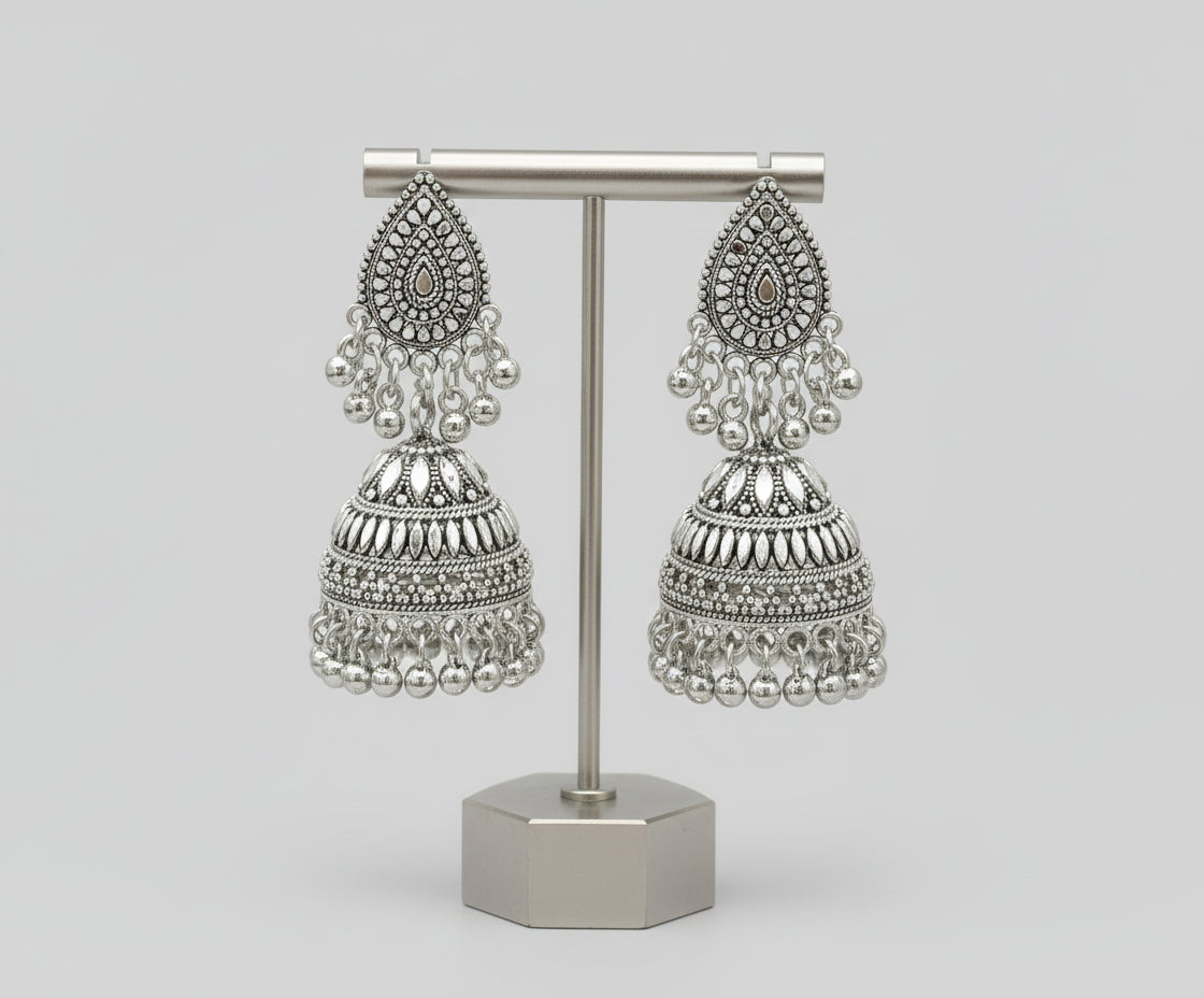 Silver oxidised leaf drop earrings filigree design Famaza Couture