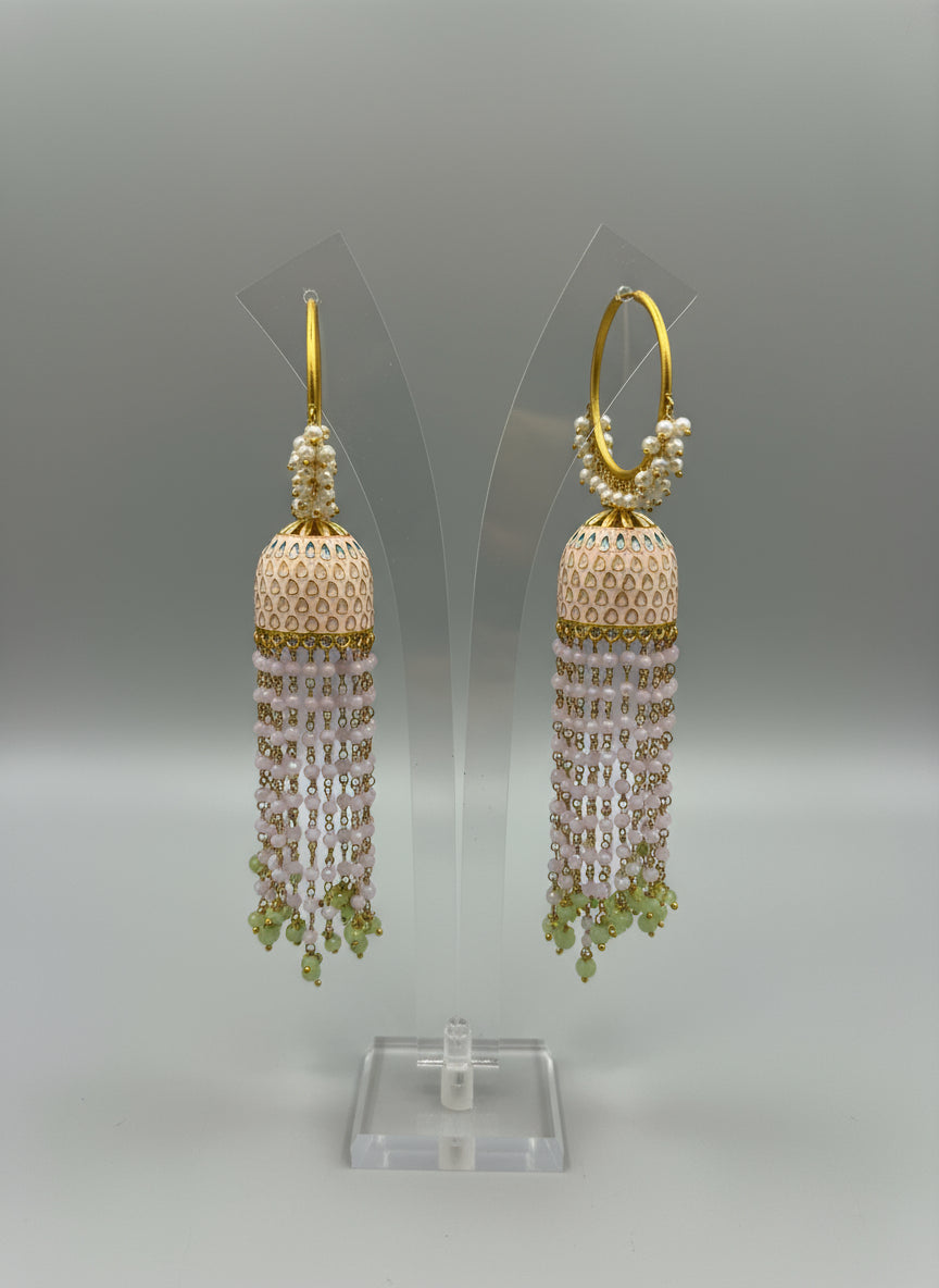 Hand-painted meenakari bali jhumka earrings with pink and green glass beads – front view