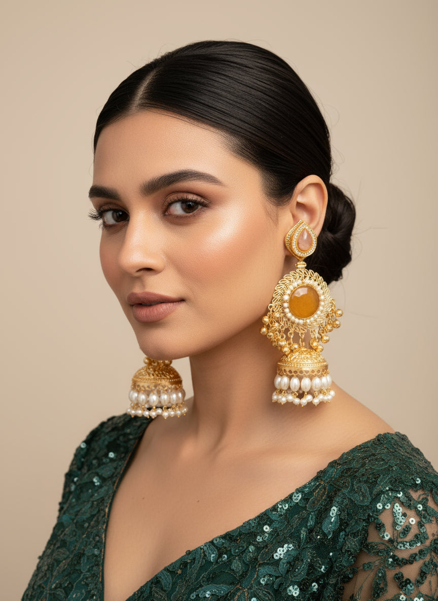Gold stone earrings held in a hand with a blurred background