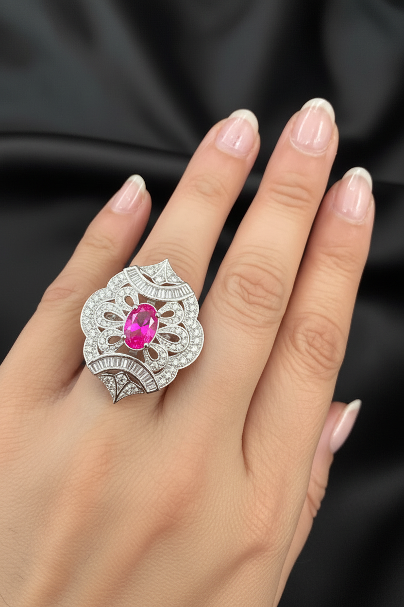 The Aurora Marquise Floral Statement Ring | Rhodium Plated