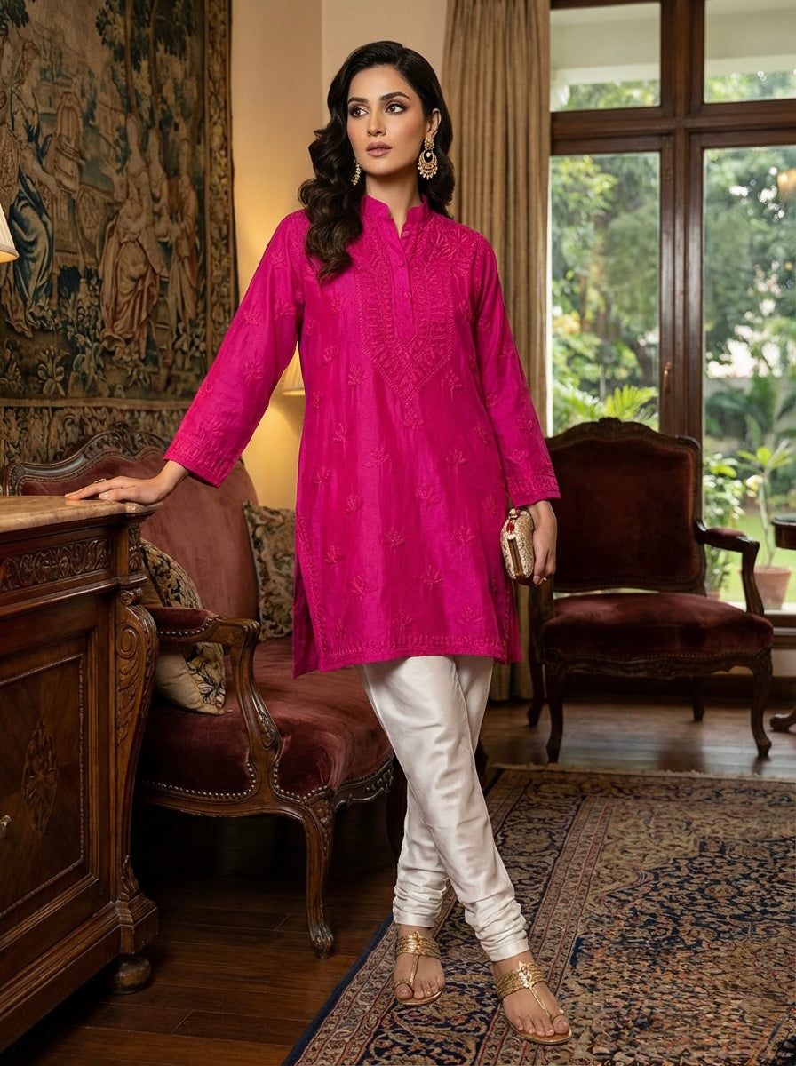 Magenta short kurti with tone to tone hand embroidery