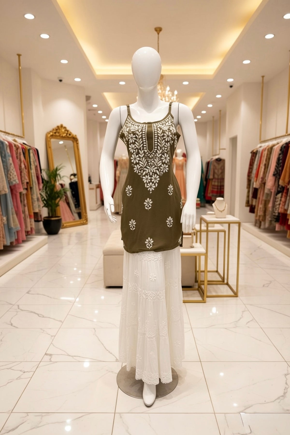 Mannequin wearing a green embroidered top and white pants in a store setting
